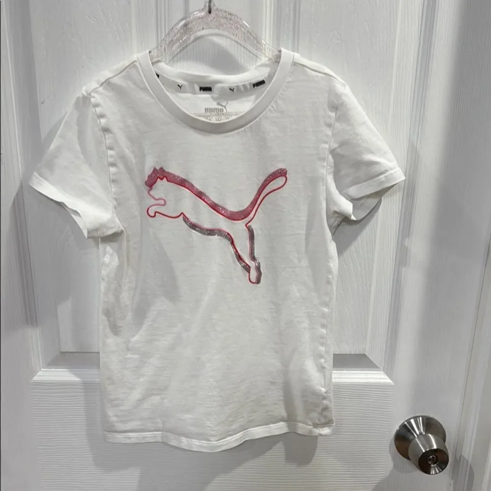 White Puma Tee with Pink Logo and Crew Neck